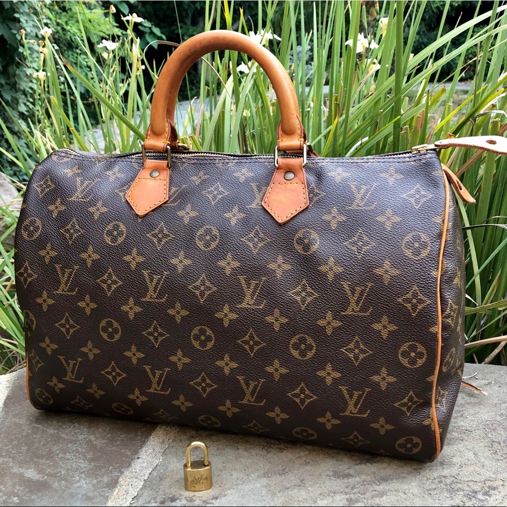Louis Vuitton Monogram Canvas Speedy Satchel in Brown and Tan.